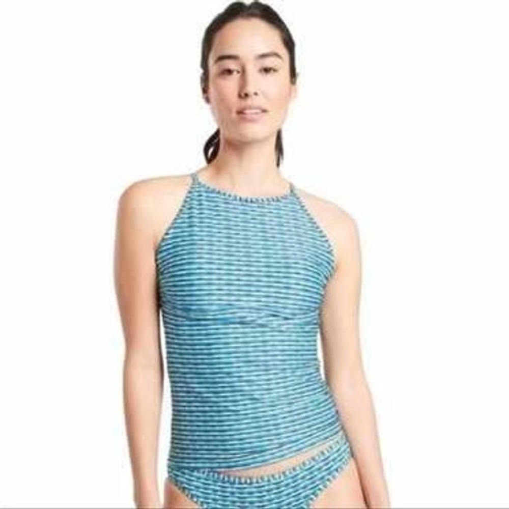 Athleta Womens Blue Green Wavy Stripe High Neck Strappy Tankini Top Size M